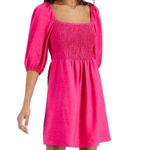 BAR III Womens Pink Smocked Textured Lined Elastic Cuffs Pouf Sleeve Square Neck